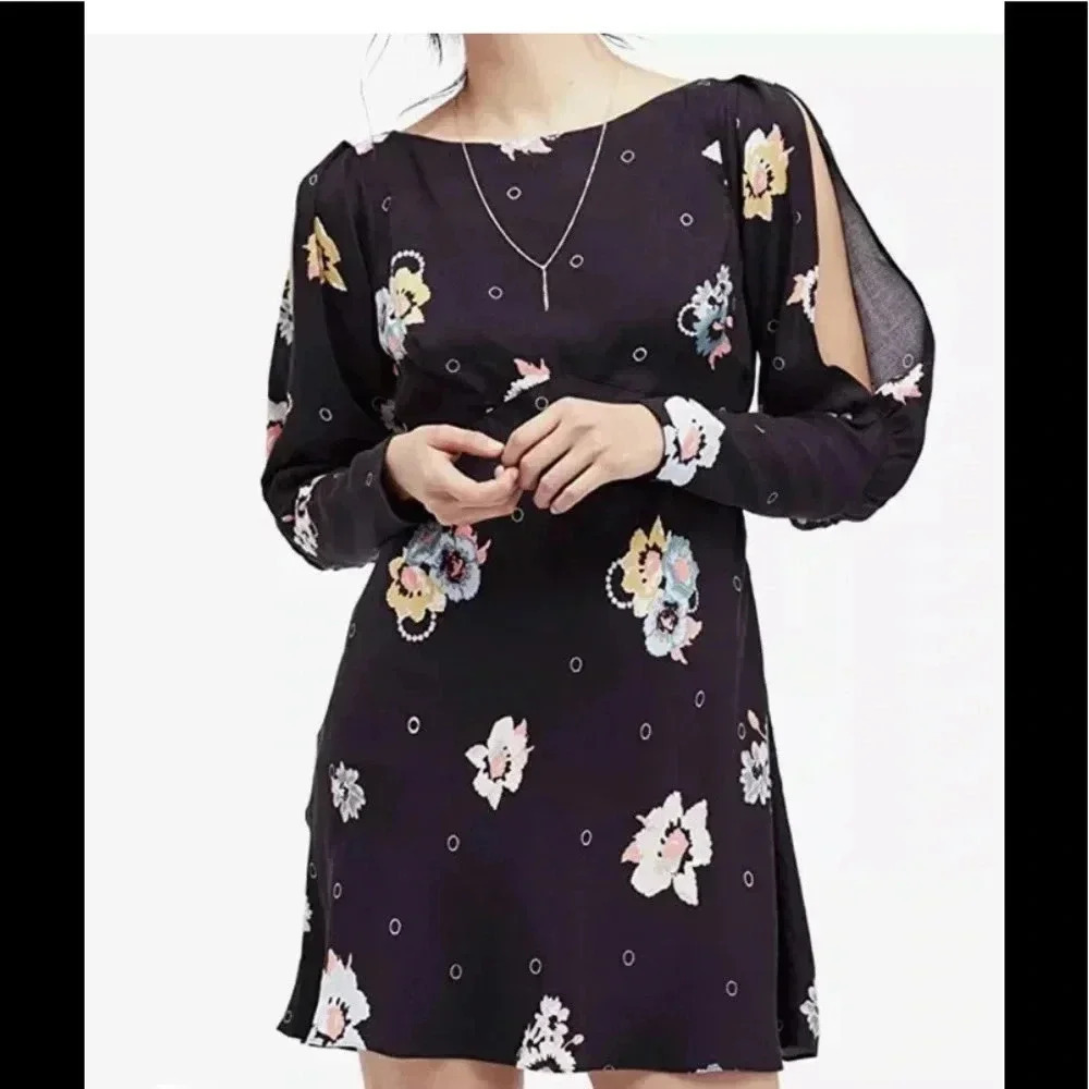 Free People Women Dress Split Sleeve Floral Mini Long Sleeve Black Size 0